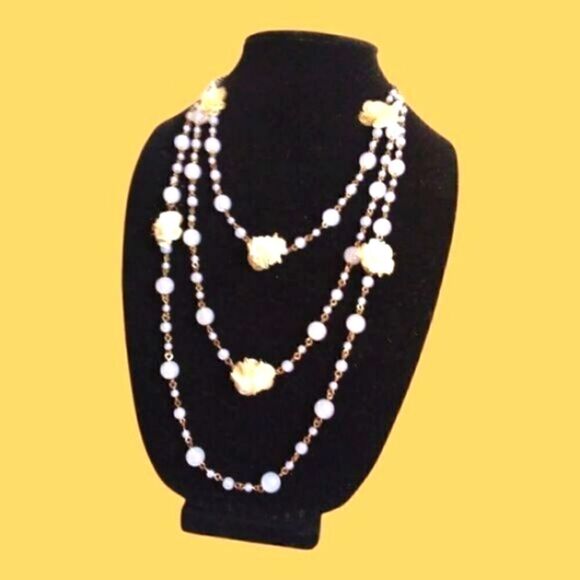 NECKLACE Moonstone style Beads 3 Tiered GOLD  Netted Fabric Floral VINTAGE - Picture 1 of 3